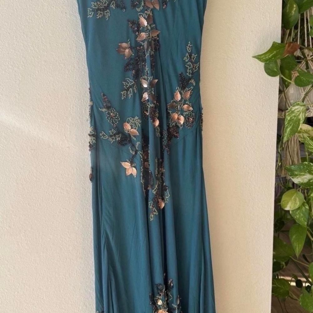 Vintage Sue Wong 100% Silk Teal Floral Beaded Dress - Picture 2 of 8